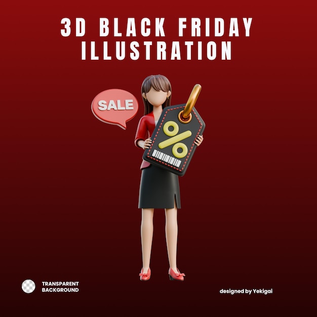 Niña conmocionada mirando las etiquetas de precios 3D Ilustración de niña compradora del viernes negro
