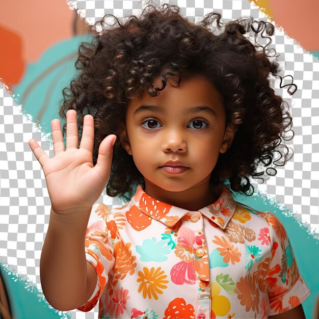 PSD una niña defensiva con cabello retorcido de la etnia afroamericana vestida con ropa de natación en la piscina posa en un estilo close up of hands contra un fondo de coral pastel