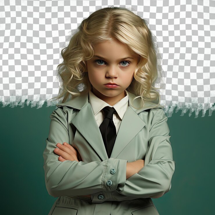 PSD una niña detective asiática rubia deprimida de preescolar desata una postura seria contra el bacalao verde pastel