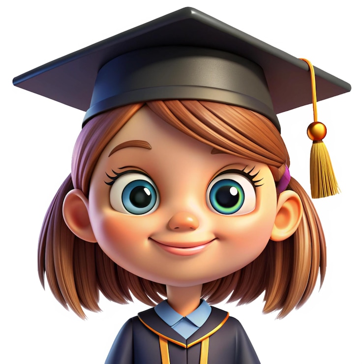 PSD niña de dibujos animados con gorra de graduación aislada en un fondo transparente