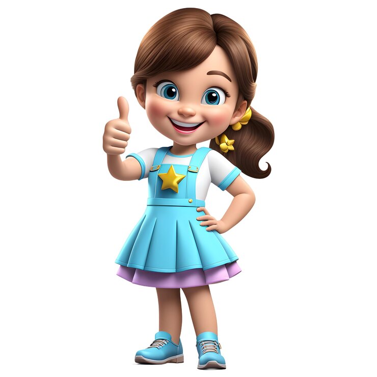PSD niña de dibujos animados sonriente mostrando los pulgares en un fondo blanco transparente para niños educativos