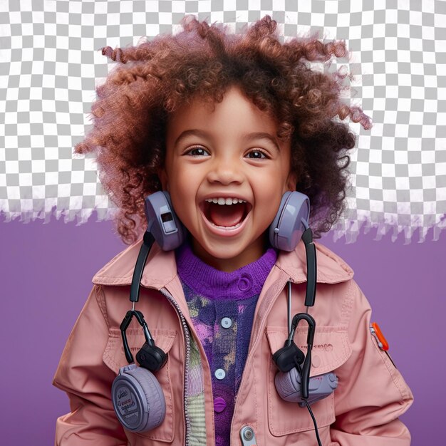 Una niña ecstatic child con cabello pervertido de la etnia urálica vestida con traje de operador de cámara posa con la cabeza inclinada con un estilo de sonrisa contra un fondo de lavanda pastel