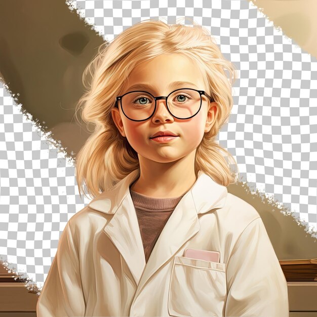 PSD una niña ecstatic child con cabello rubio de la etnia nativa americana vestida con ropa de biotecnólogo posa en un estilo de mirada enfocada con gafas contra un fondo beige pastel