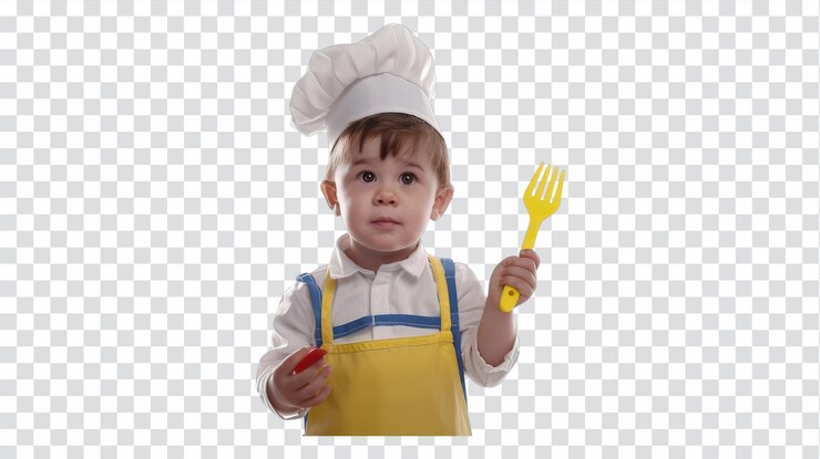PSD niña en edad preescolar con sombrero y delantal de chef39 preparándose para una divertida experiencia culinaria