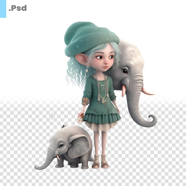 PSD niña y elefante sobre un fondo blanco plantilla psd de ilustración 3d aislada