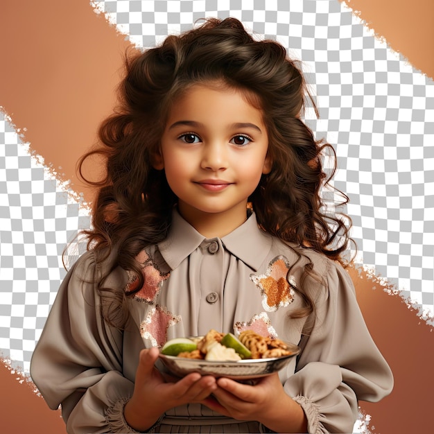 Una niña envidiosa con cabello ondulado de la etnia nativa americana vestida con trajes de cocina gourmet posa en un estilo elegante de mano en el cuello contra un fondo de melocotón pastel