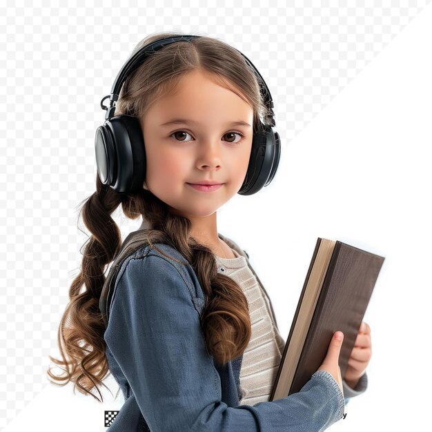 Niña escolar con auriculares y libro aislado en un fondo blanco aislado