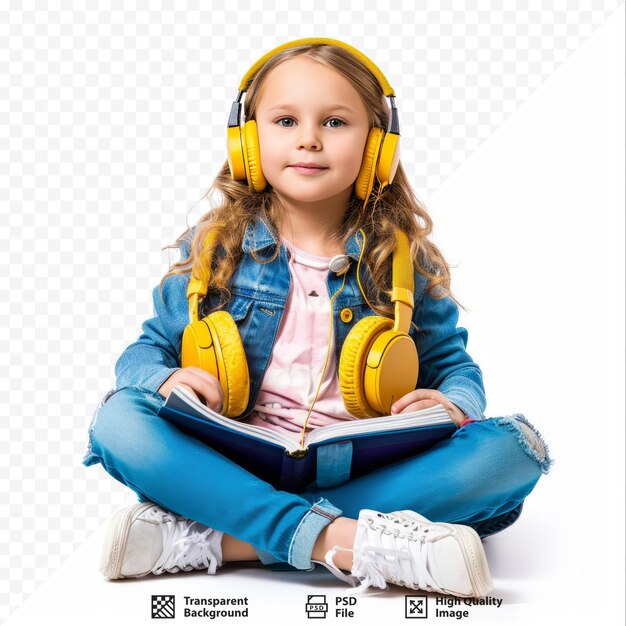 Niña escolar con auriculares y libro aislado en un fondo blanco aislado