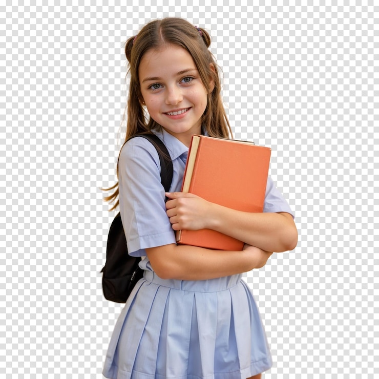 Niña de la escuela infantil feliz con libro aislado sobre fondo transparente