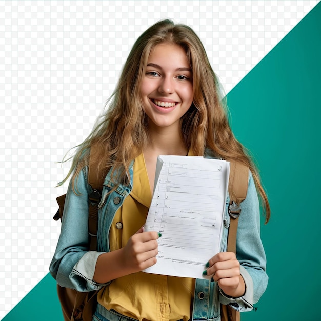 PSD niña de escuela sonriente con mochila mostrando una excelente prueba de grado después de varios fracasos en el fondo verde aislado