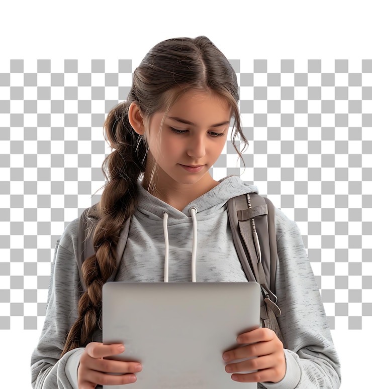 PSD niña de escuela usa portátil para la educación copia espacio en fondo transparente aislado