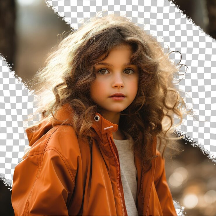 PSD niña eslava con renuencia campista cabello ondulado perfil dramático pose pastel mandarina