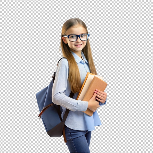 PSD niña estudiante con bolsa y libros en el fondo transparente