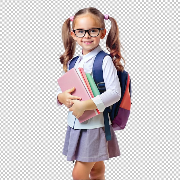 Niña estudiante con bolsa y libros en el fondo transparente