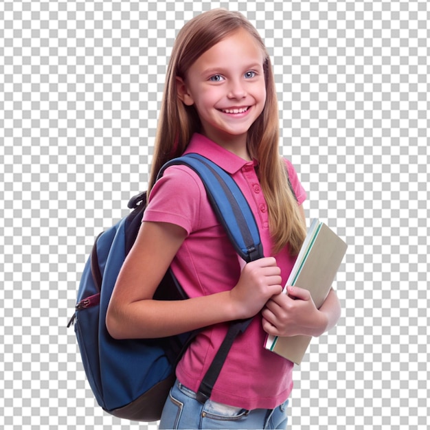 PSD niña estudiante con mochila de fondo transparente