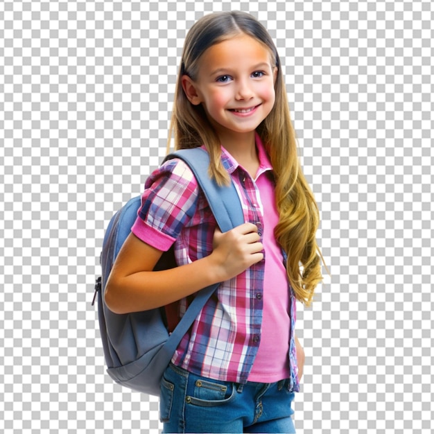 PSD niña estudiante con mochila de fondo transparente