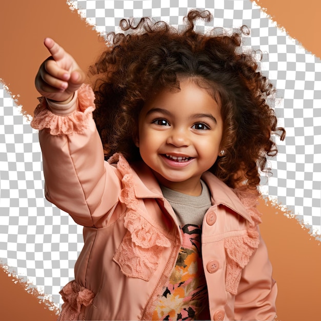 Una niña excitada con cabello retorcido de la etnia de asia occidental vestida con ropa de modelo posa en un estilo sentado con una mano levantada contra un fondo de melocotón pastel