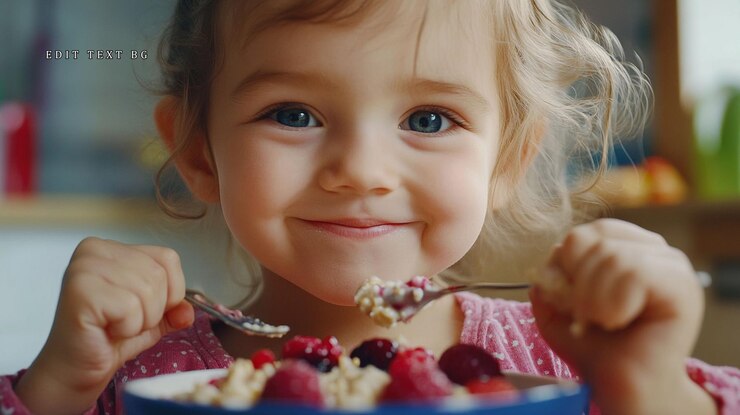 PSD una niña feliz disfruta de cereales saludables para el desayuno con bayas