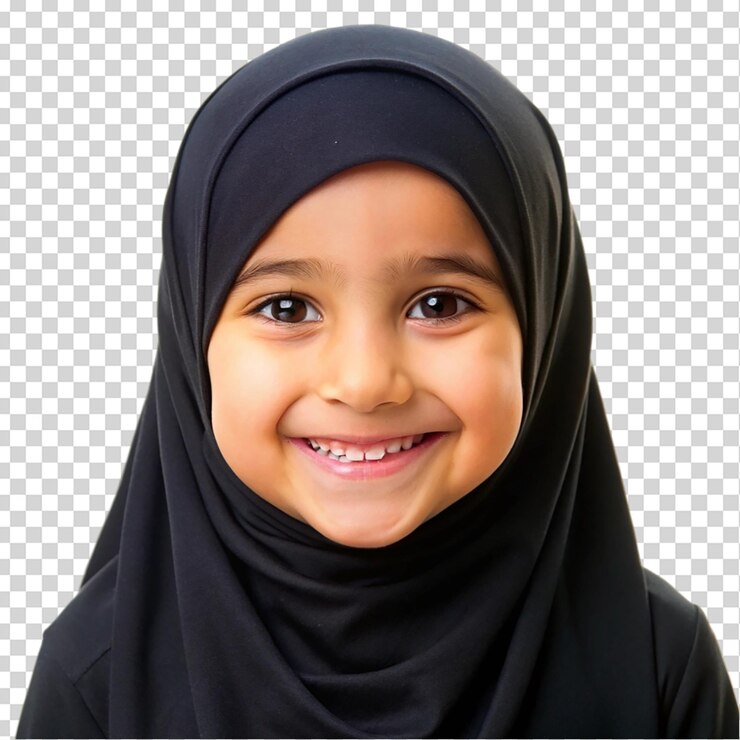 PSD niña feliz con hijab negro aislada sobre un fondo transparente