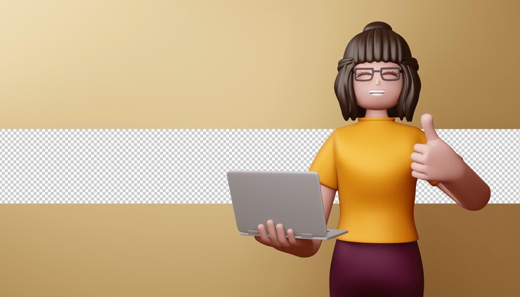 PSD niña feliz pulgares arriba con render 3d portátil
