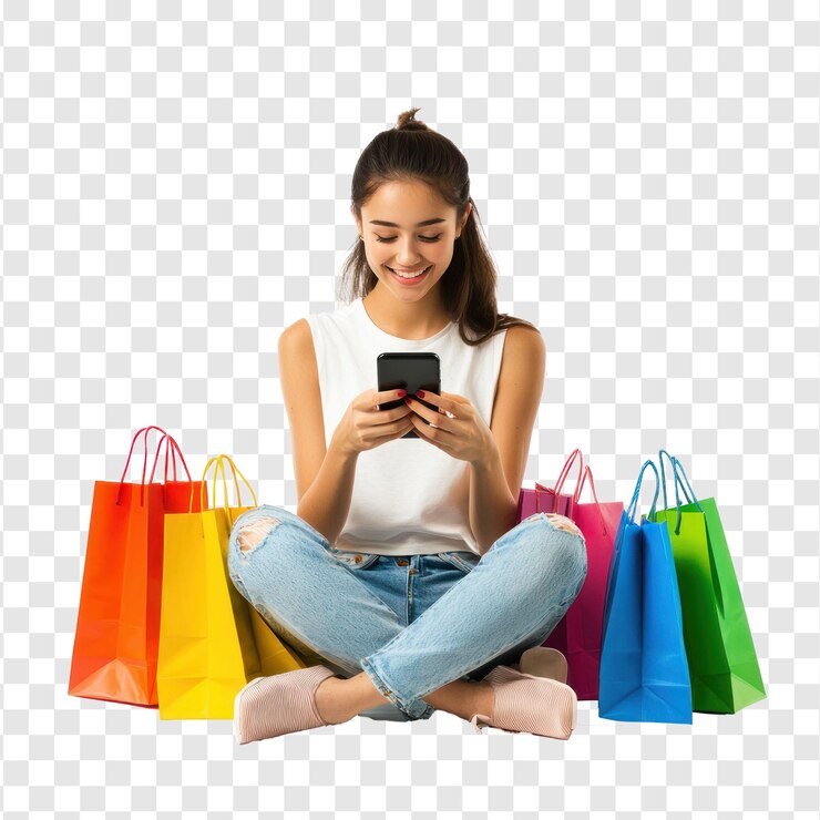 PSD niña feliz sentada usando un teléfono inteligente rodeada de bolsas de compras coloridas aisladas sobre un fondo transparente