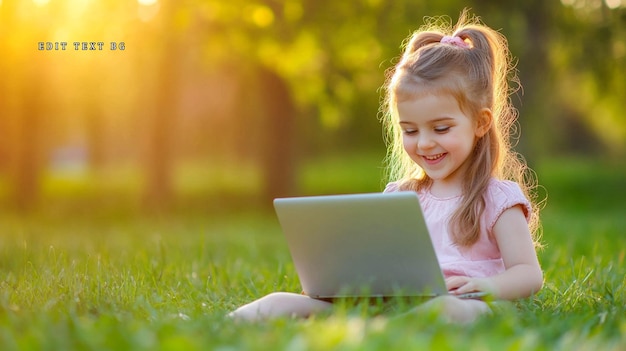 Una niña feliz usando una computadora portátil al aire libre en un parque soleado