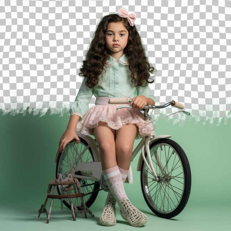 PSD una niña honrada con cabello ondulado de la etnia mongola vestida con ropa de ciclismo por la ciudad posa en una postura sentada con las piernas cruzadas contra un fondo de menta pastel