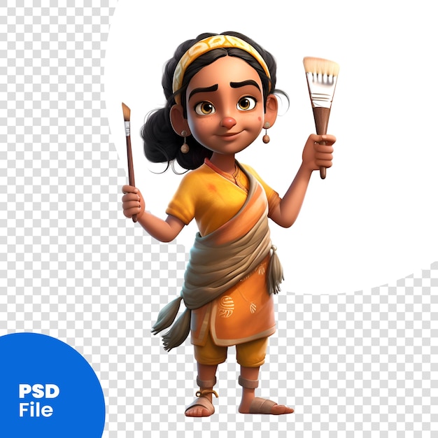 Niña india de dibujos animados con pinceles3d plantilla de ilustración psd renderizada digitalmente