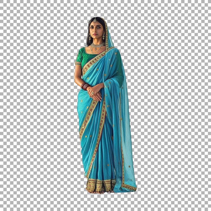 PSD niña india de papua nueva guinea con un vestido tradicional azul en un fondo transparente