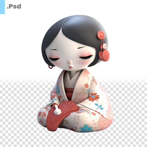 Niña japonesa en kimono sobre un fondo blanco plantilla de renderización psd en 3d