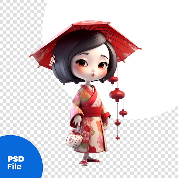 Niña japonesa con paraguas rojos sobre un fondo blanco plantilla psd de renderización 3d