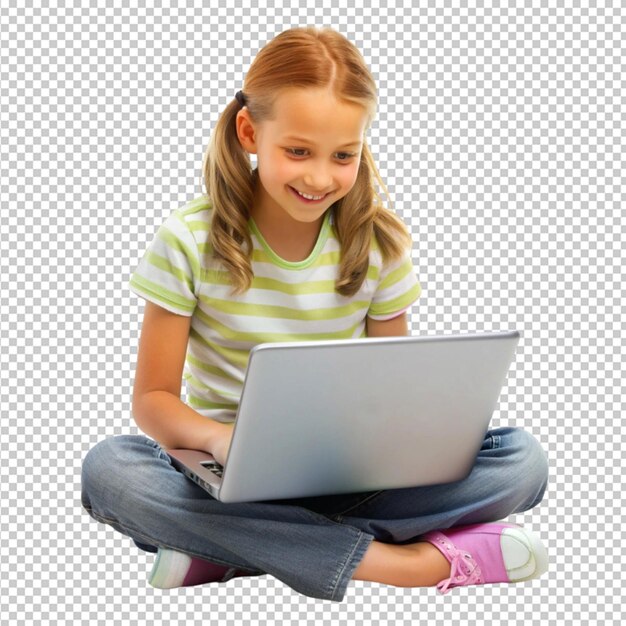 Niña joven aprendiendo en línea aislada en un fondo transparente