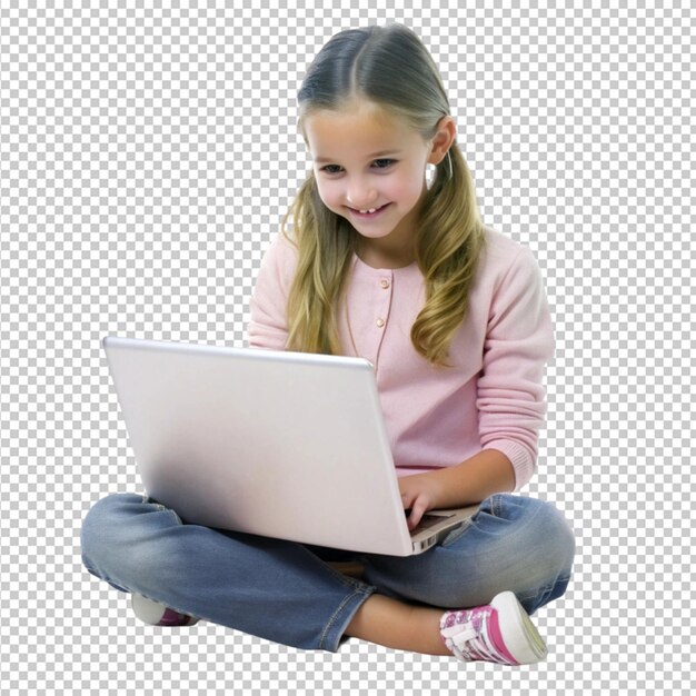 Niña joven aprendiendo en línea aislada en un fondo transparente