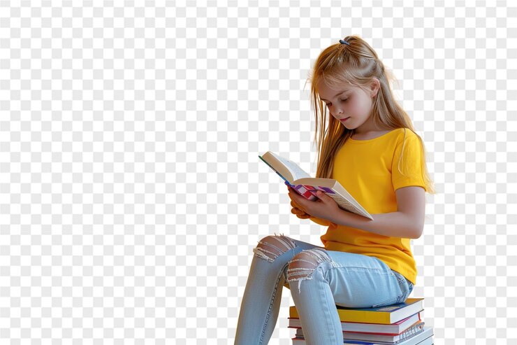 PSD niña joven con camisa amarilla lee un libro mientras está sentada en una pila de libros