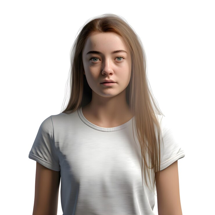PSD niña joven con una camiseta blanca sobre un fondo blanco