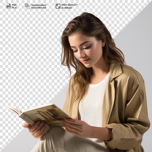 PSD niña joven leyendo un libro estudiante universitario estudiando aislado fondo transparente
