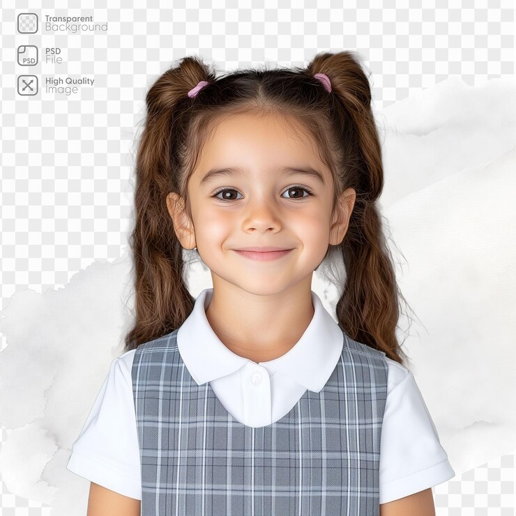 PSD niña joven sonriente con colillas con uniforme escolar en un fondo transparente