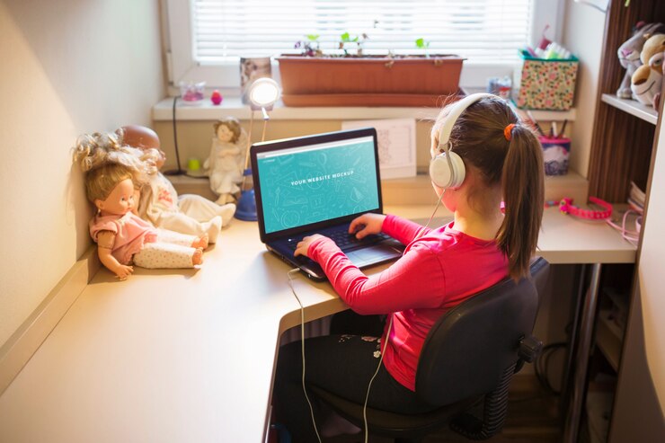 PSD niña joven usando una computadora portátil