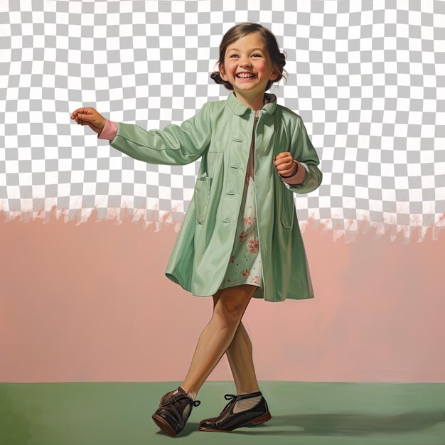 Una niña jubilosa con cabello corto de la etnia urálica vestida con ropa de costura posa en un estilo de pie con un pie hacia adelante contra un fondo verde pastel