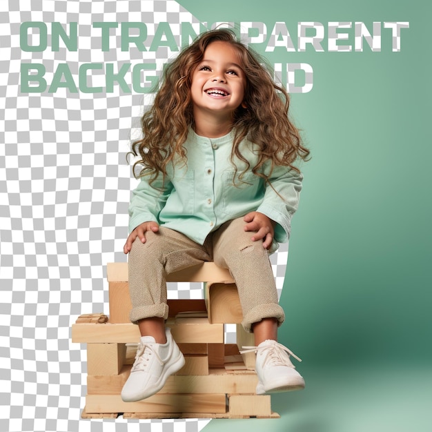 Una niña jubilosa de preescolar con cabello largo de la etnia nórdica vestida con atuendo de carpintero posa en un estilo sentado con las piernas estiradas contra un fondo de menta pastel