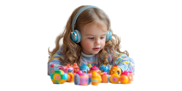 PSD niña jugando con bolas de plástico de colores aisladas sobre un fondo transparente