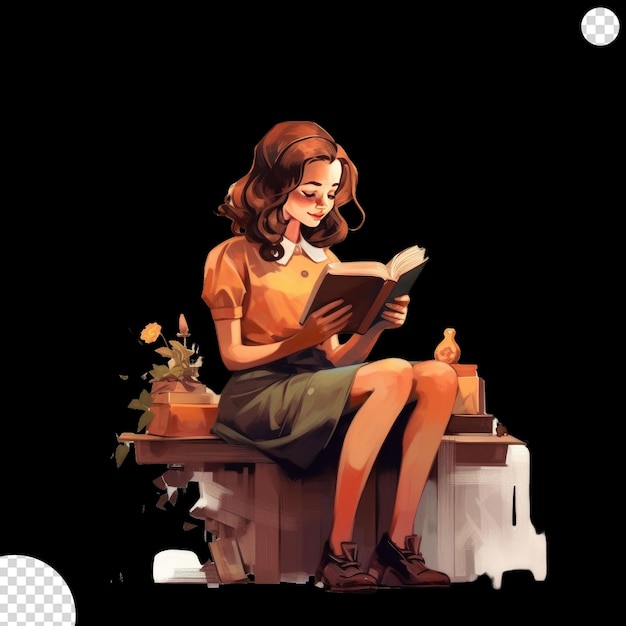 PSD una niña leyendo un libro en el aula png