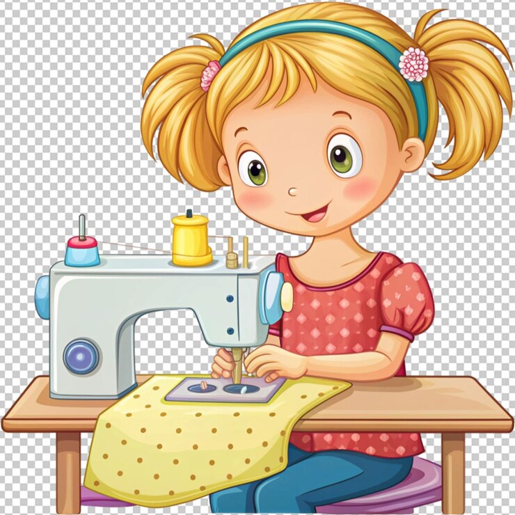 PSD una niña linda cosiendo ropa con una máquina de coser