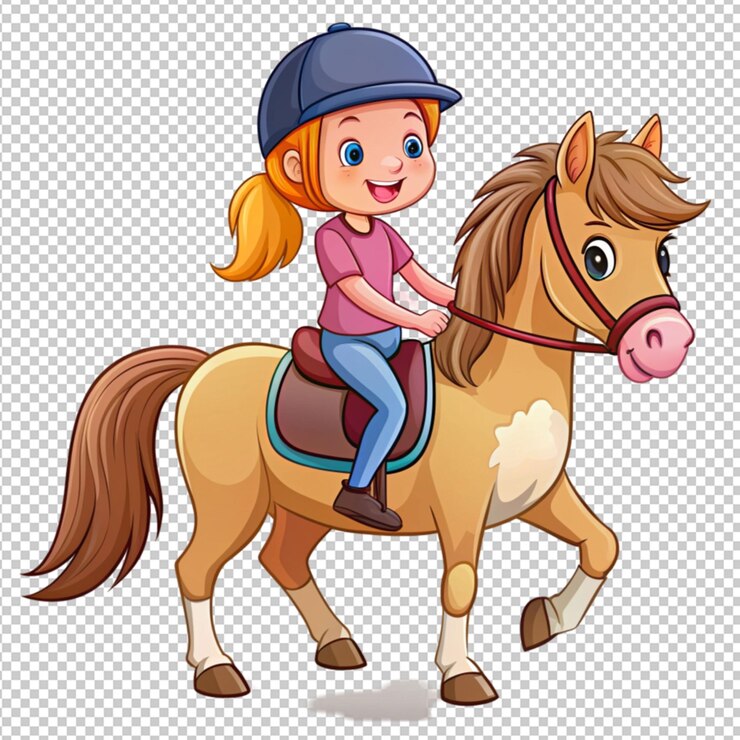 PSD una niña linda de dibujos animados montando un caballo sobre un fondo transparente