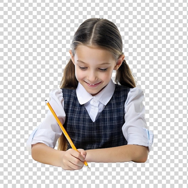 PSD una niña linda escribiendo en un cuaderno aislado sobre un fondo transparente