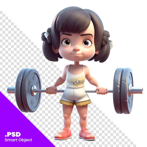 Niña linda levantando una barra plantilla de renderizado psd en 3d