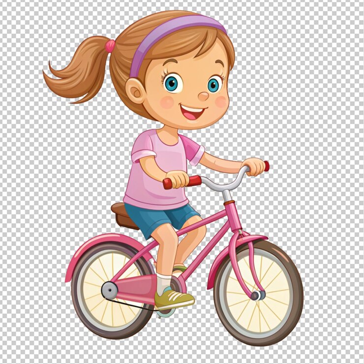 PSD una niña linda montando una bicicleta en un fondo transparente