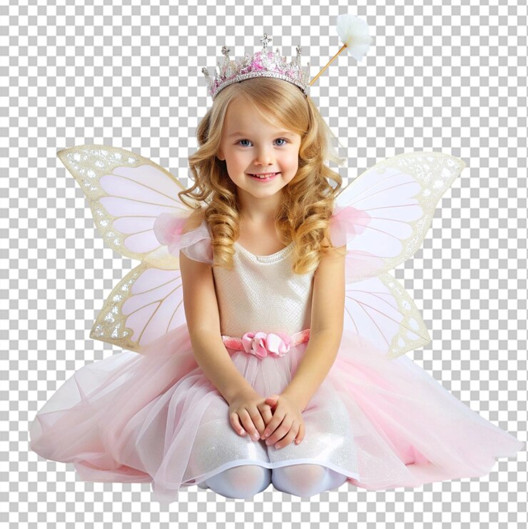 PSD una niña linda vestida como una princesa de hadas en un fondo transparente