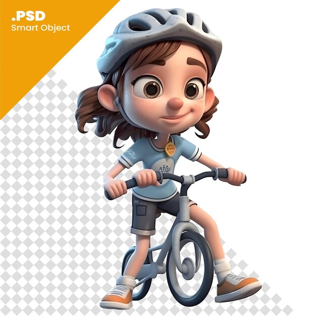 PSD niña montando una bicicleta en un fondo blanco plantilla de renderización psd en 3d