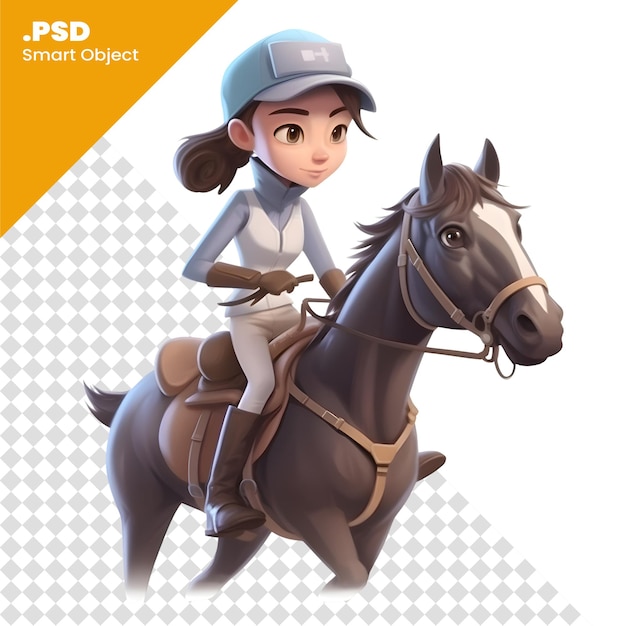 PSD niña montando un caballo sobre un fondo blanco plantilla de renderización psd en 3d